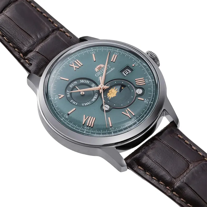 Orient Bambino Sun and Moon Green Dial Men's Watch- RA-AK0805E